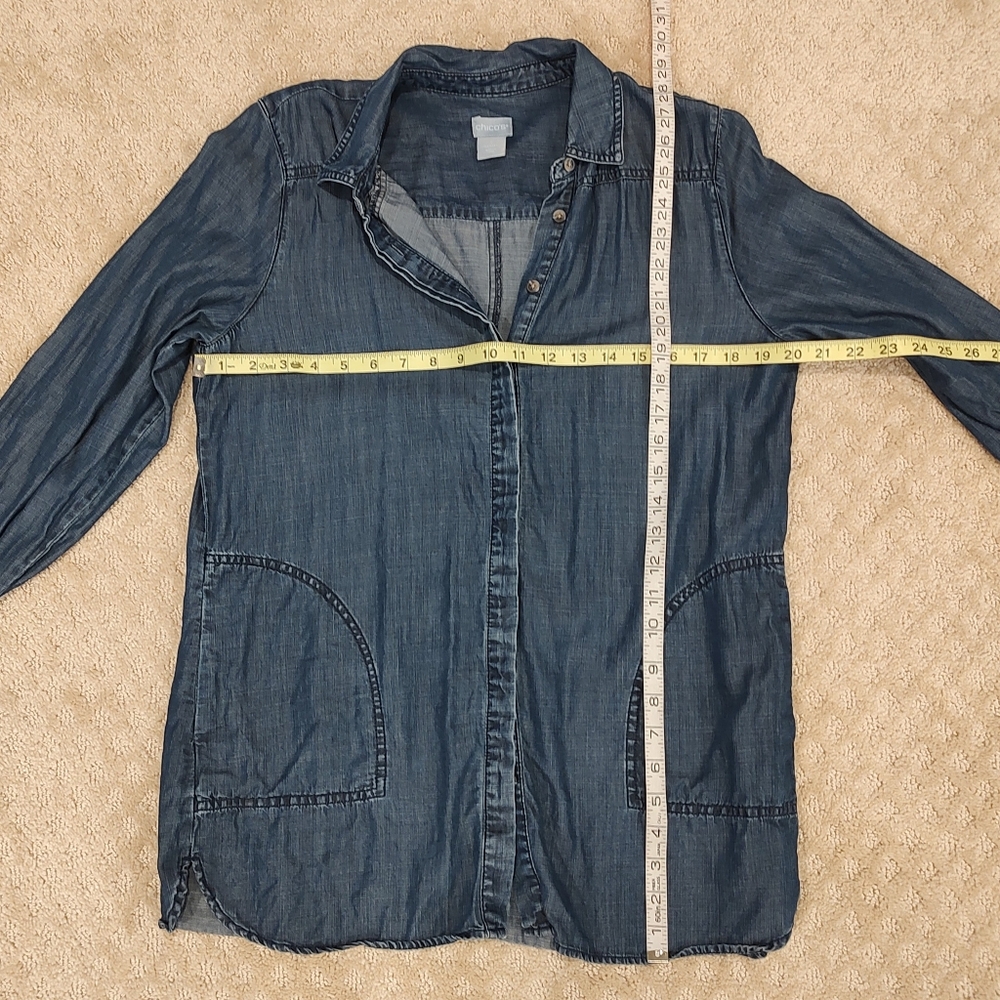 Chico's Touch of Cool Blue Denim Button-Up Tunic Shirt Pockets Size 8 Chico's 1 - Picture 7 of 9